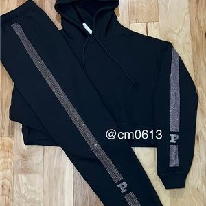 VS PINK BLING OUTFIT CROPPED HOODIE AND MATCHING SWEATPANTS SET